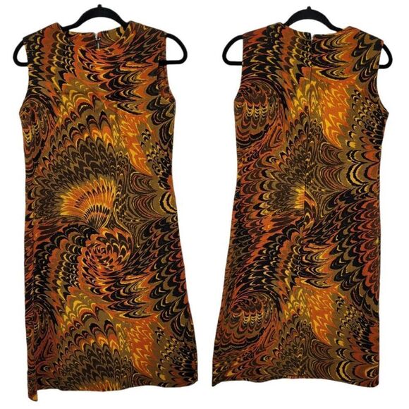 VTG 60's Dress Sleeveless Sheath Fiery Orange Psychedelic Burlap Tapestry Sz L - Picture 1 of 11